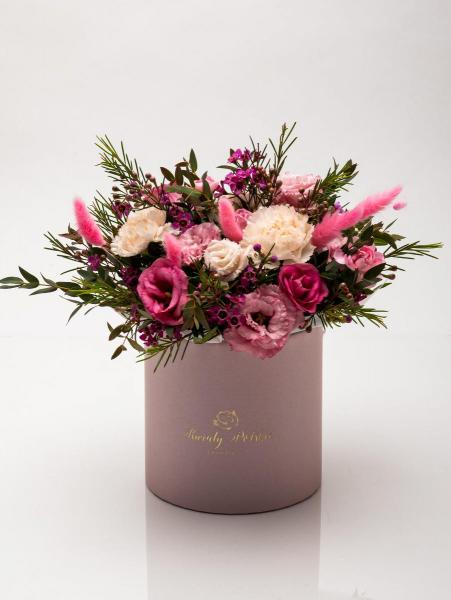 Różowy Box Eustoma i goździk